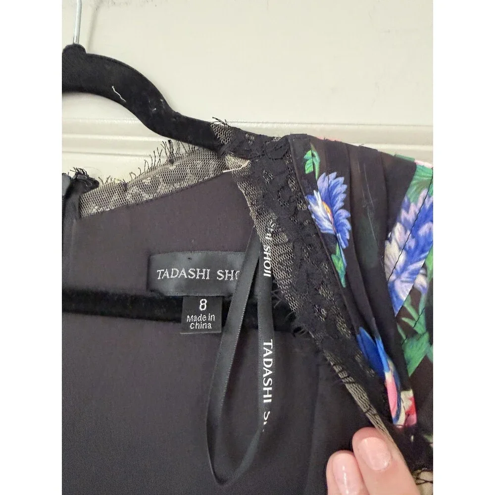 TADASHI SHOJI Lorely Floral Maxi Gown Balloon Sleeves V Neck Lace Black Size 8 - Picture 5 of 11